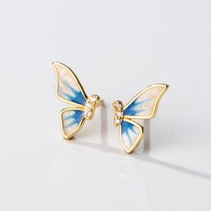 NWT Blue Gold Butterflies Earrings Sterling Silver Butterfly Gift Teen Present